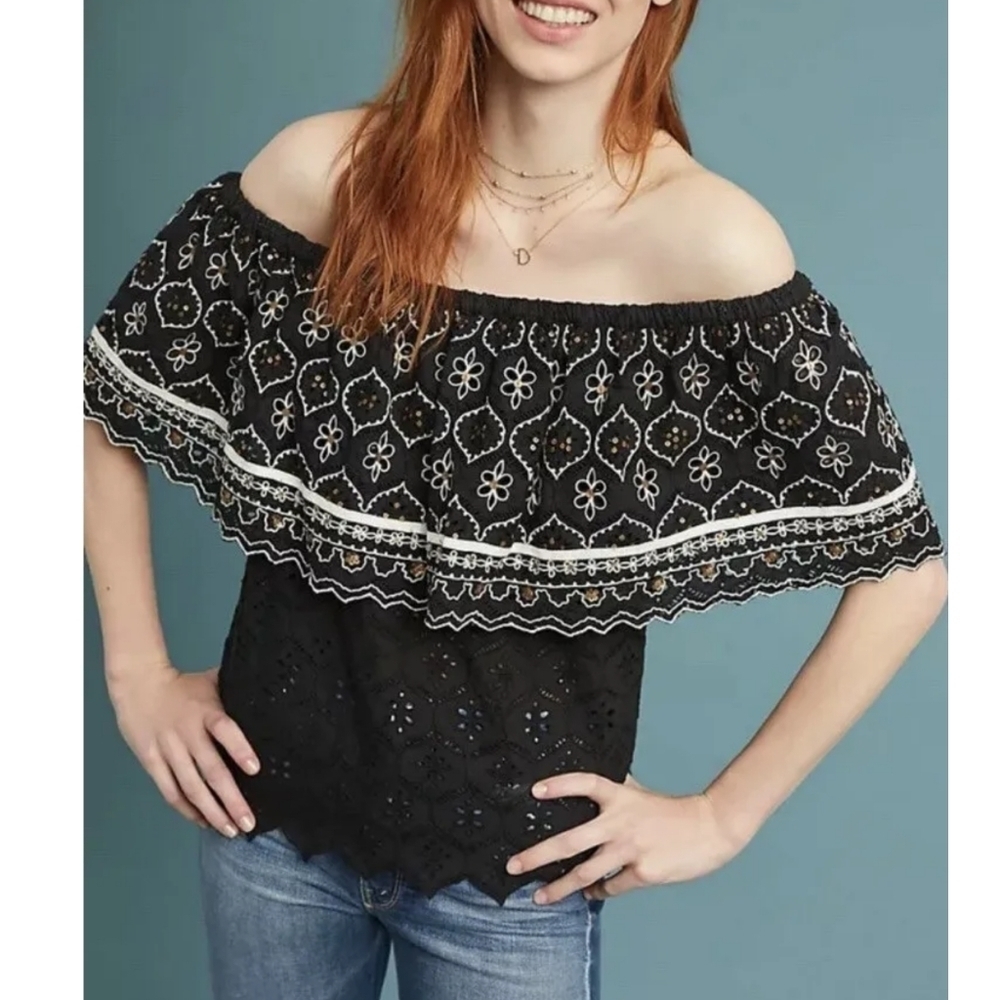 Hemant & Nandita Anthropologie Embroidered Off Shoulder Top Size Large